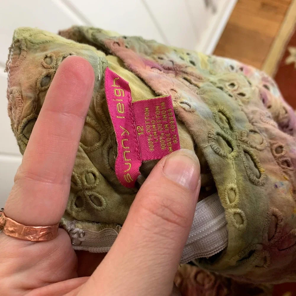 Handmade Y2K Mini Skirt Sunny Leigh Size 12 Pink Green Dyed Eyelet Flowers